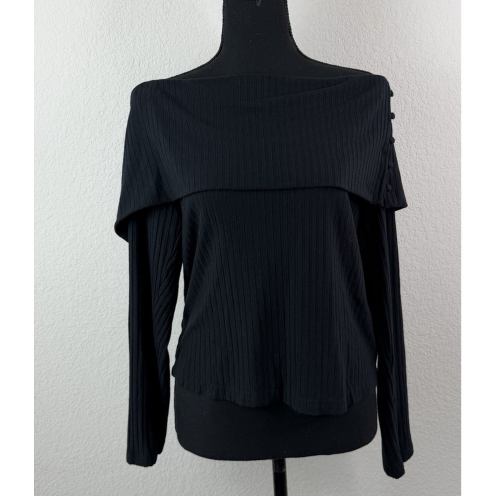 Anthropologie Black Ribbed Off Shoulder Top L Stretch Long Sleeve Parisian Chic